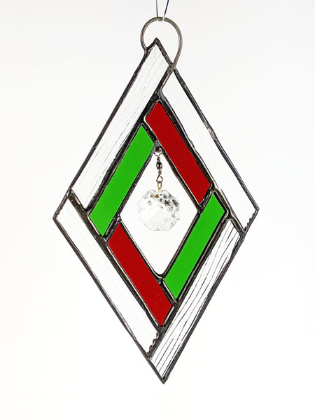 Diamond Shaped clear, red and green Ornament with crystal pendant