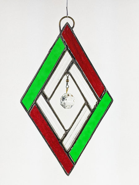 Diamond Shaped red, green and clear Ornament with crystal pendant